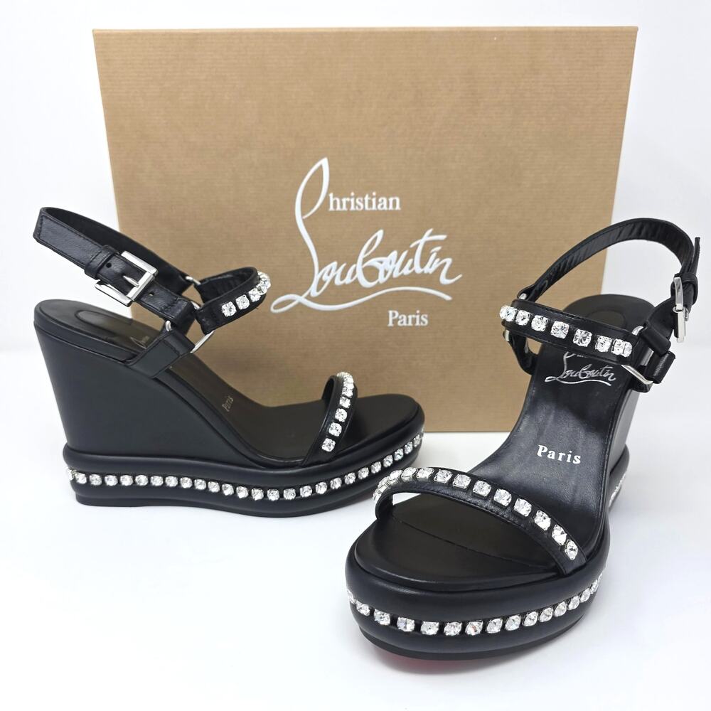 Christian Louboutin Pyrastrass 110 Black Platform Crystal Wedge Sandals 37 US 7
